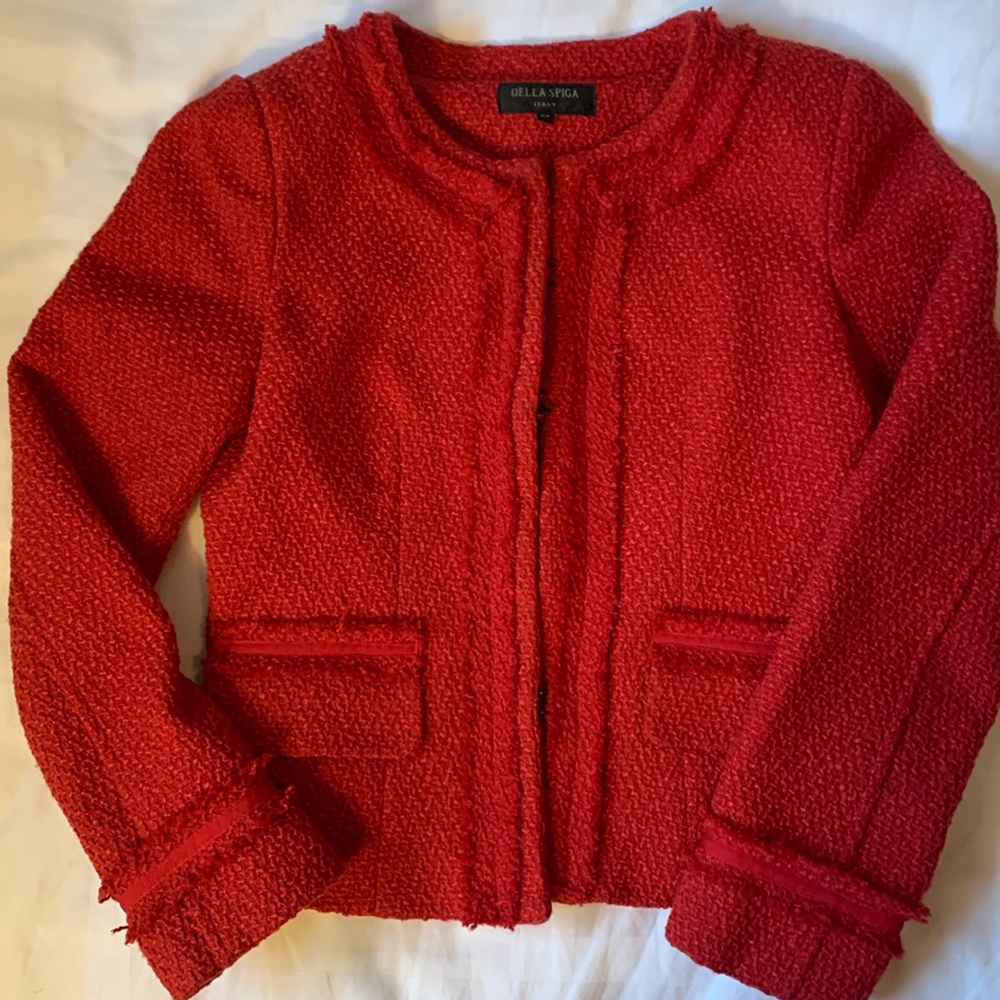 Della Spiga Italy red boucle Chanel style lined blazer/jacket EUC